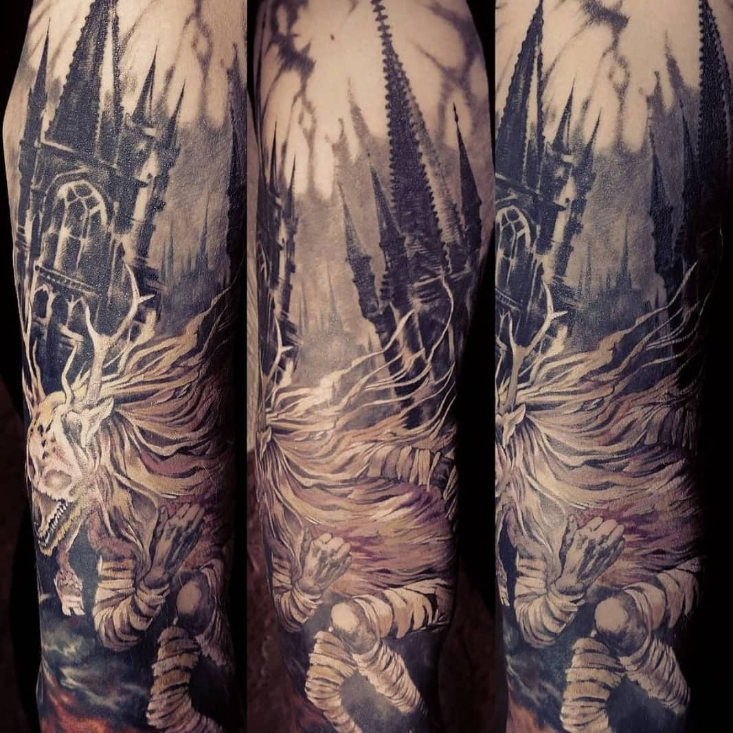 Intricate tattoo featuring Vicar Amelia in her beast form, set against a backdrop of gothic architectur